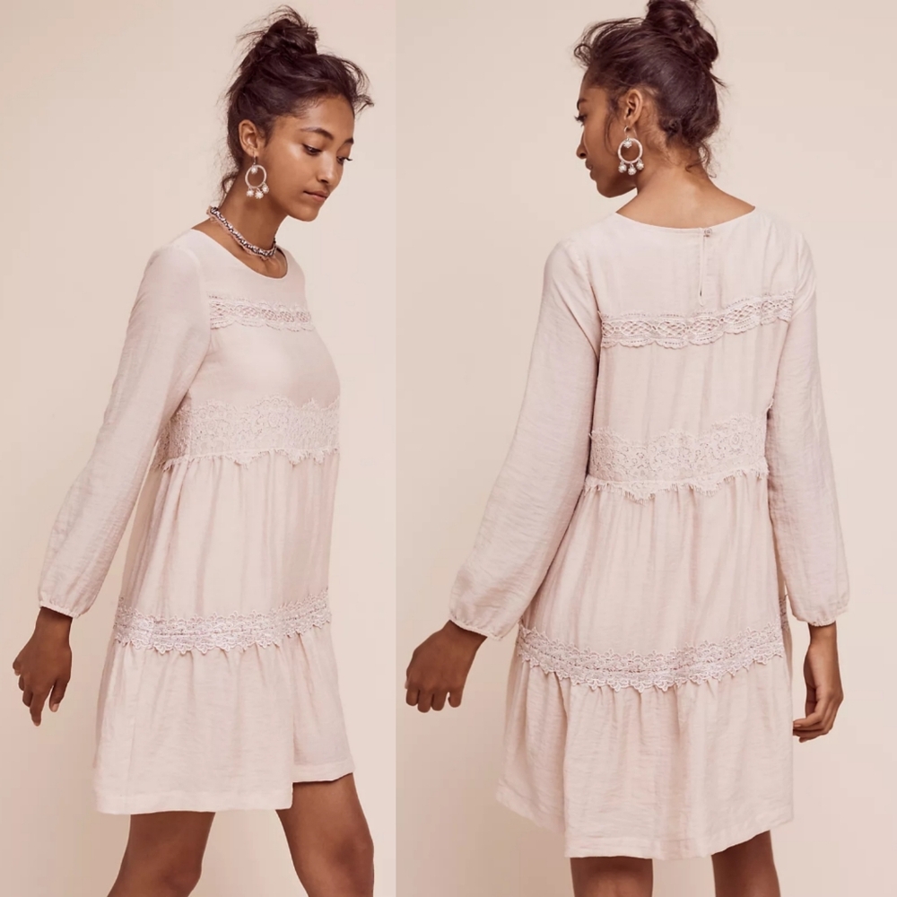 eri + ali Anthropologie Mirana Lace Tier Swing Dress Long Sleeve In Nude Size S